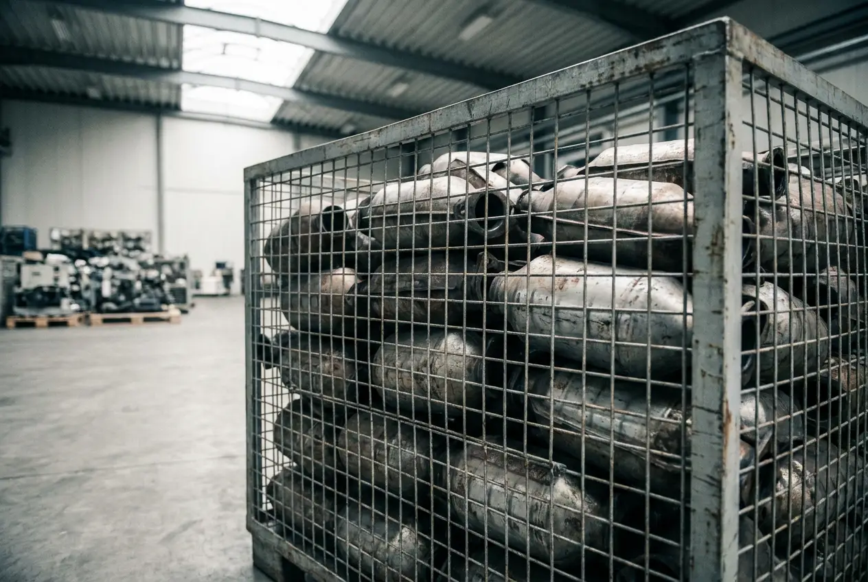 Spent catalytic converters stacked in a steel crate