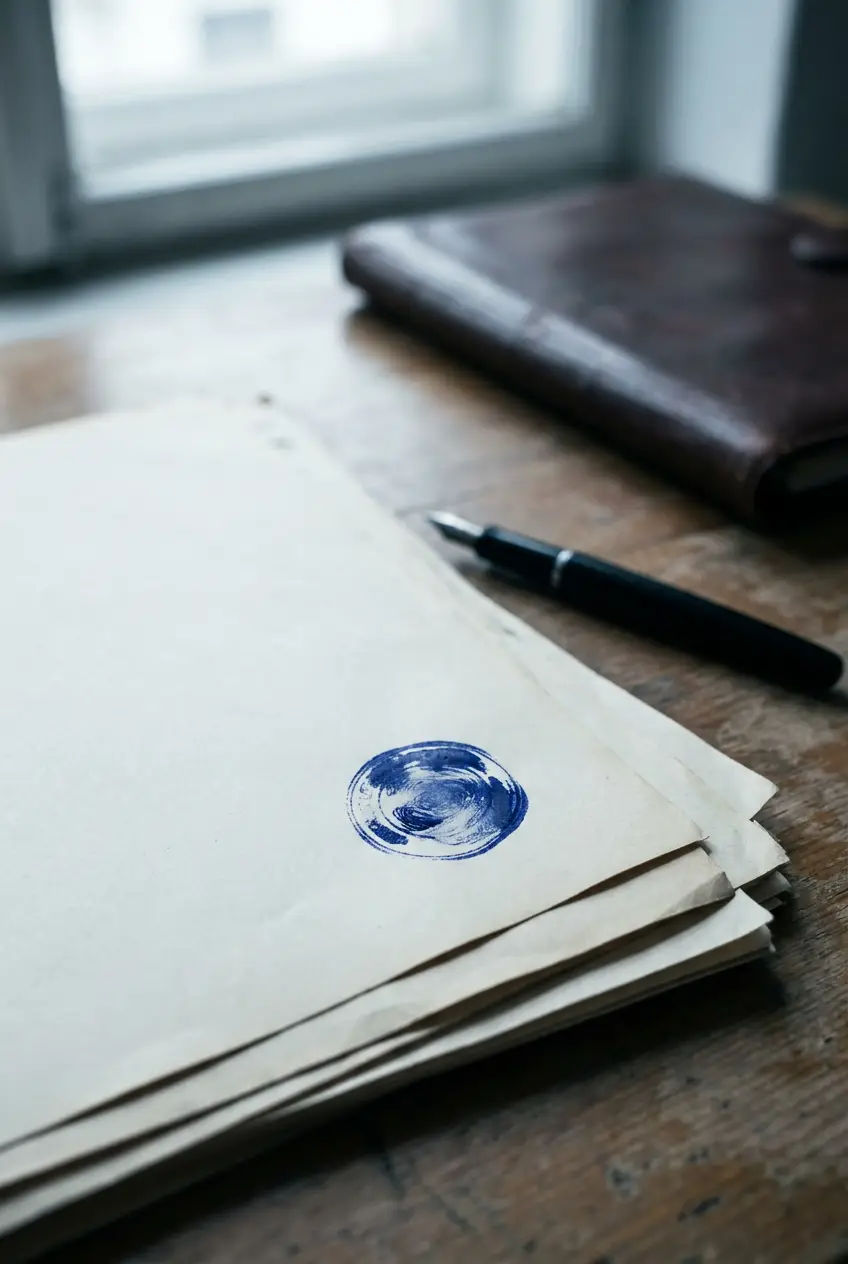 Registration documents with a round blue ink stamp