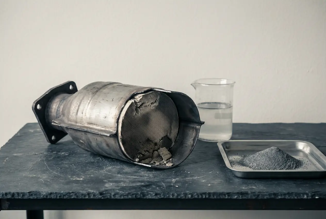 Spent automotive catalytic converter opened to show its ceramic honeycomb core on an assay bench