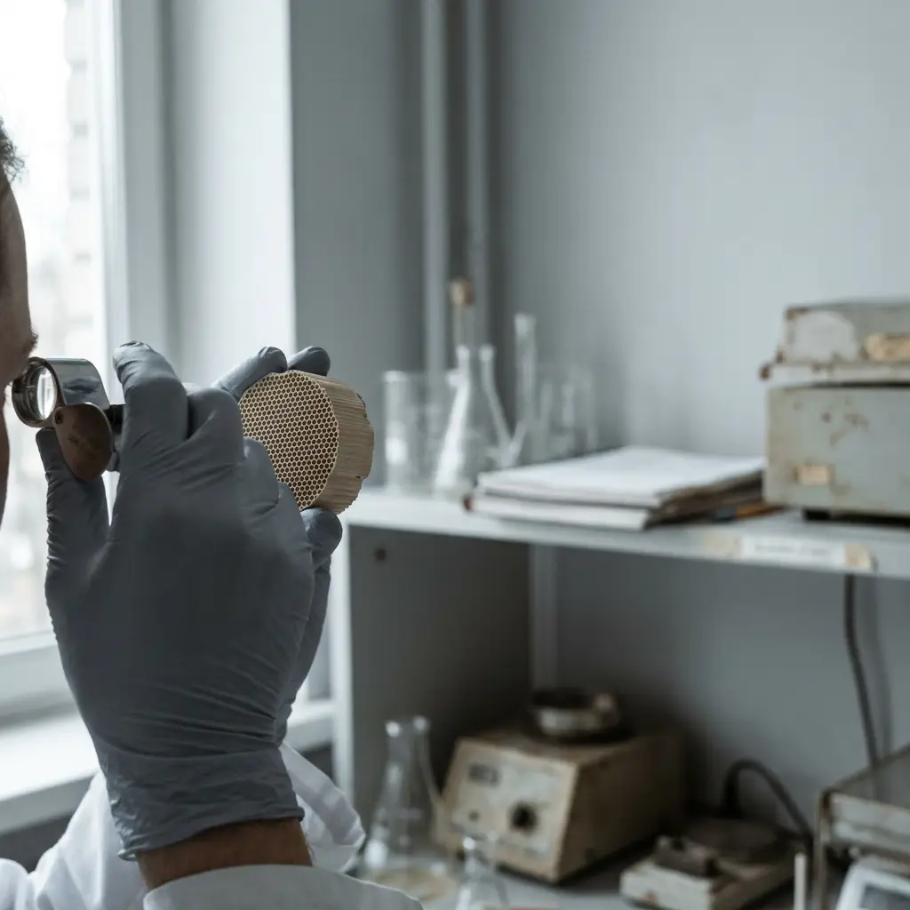 Gloved hand inspecting a slice of catalyst material with a loupe