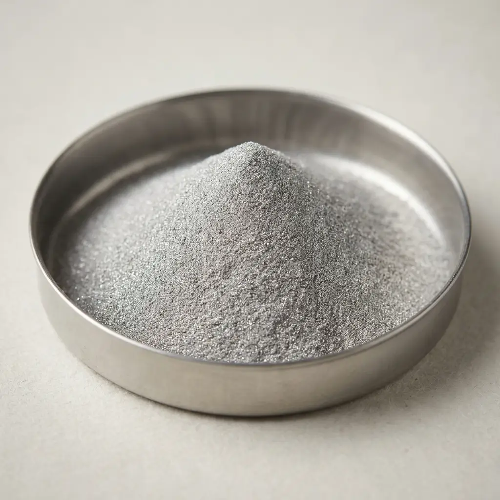 Cone of fine platinum grey powder in a steel assay dish